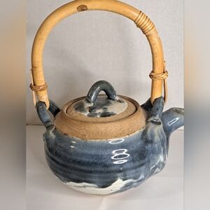 Vintage Blue Glazed Stoneware Tea Pot with Bamboo Handle.